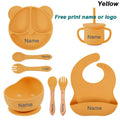 Vajilla de silicona para niños, juego de alimentación de bebé, plato de dibujos animados, nombre personalizado, taza con ventosa, plato, babero, regalo para recién nacido, 8 Uds./5 uds.