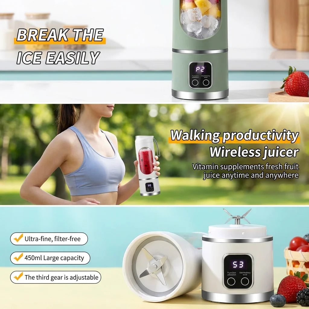 Mini Licuadora Eléctrica 2025 con Motor Potente, 450ML de Gran Capacidad, Pantalla Digital, Hielo Picado, Vaso para Jugos Recargable para el Hogar