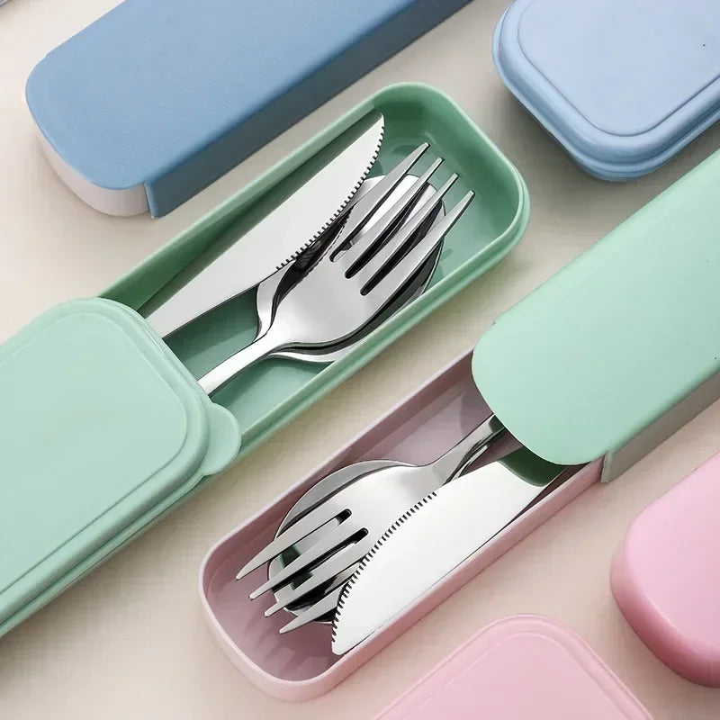 Juego de cubiertos portátiles de acero inoxidable de 3/4 piezas con caja de almacenamiento, palillos, tenedor, cuchara, cuchillo, juego de vajilla de viaje, cubiertos para acampar