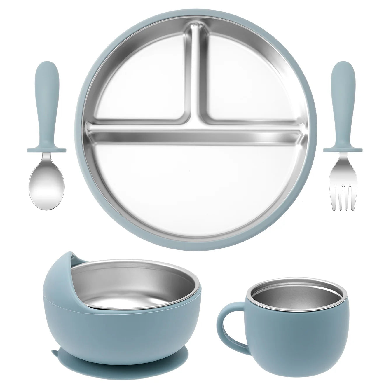 Juego de alimentación de bebé con plato de platos de acero inoxidable, cuenco con ventosa de silicona desmontable, sin BPA, tenedor infantil, cuchara, regalos, 5 uds.