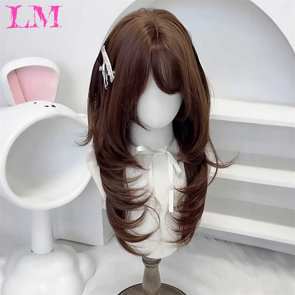 LM Rubio sintético Ombre mezclado rosa Rubio largo ondulado pelucas con flequillo Cosplay fiesta uso fibra resistente al calor para mujeres