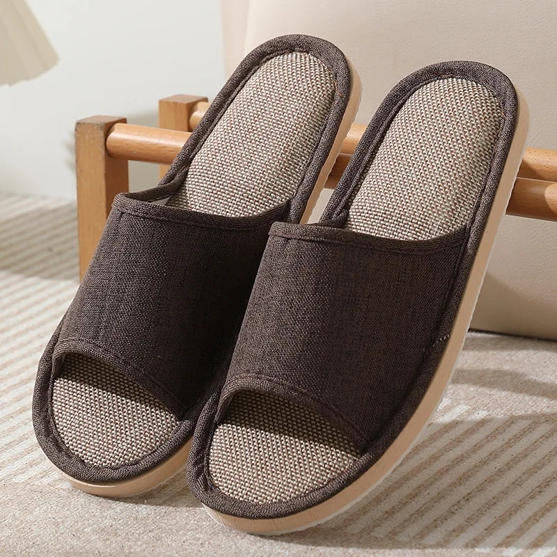 Otoño Invierno zapatillas de suelo para mujer Retro de lino con punta abierta EVA sandalias casuales de fondo grueso zapatillas de interior para parejas zapatos
