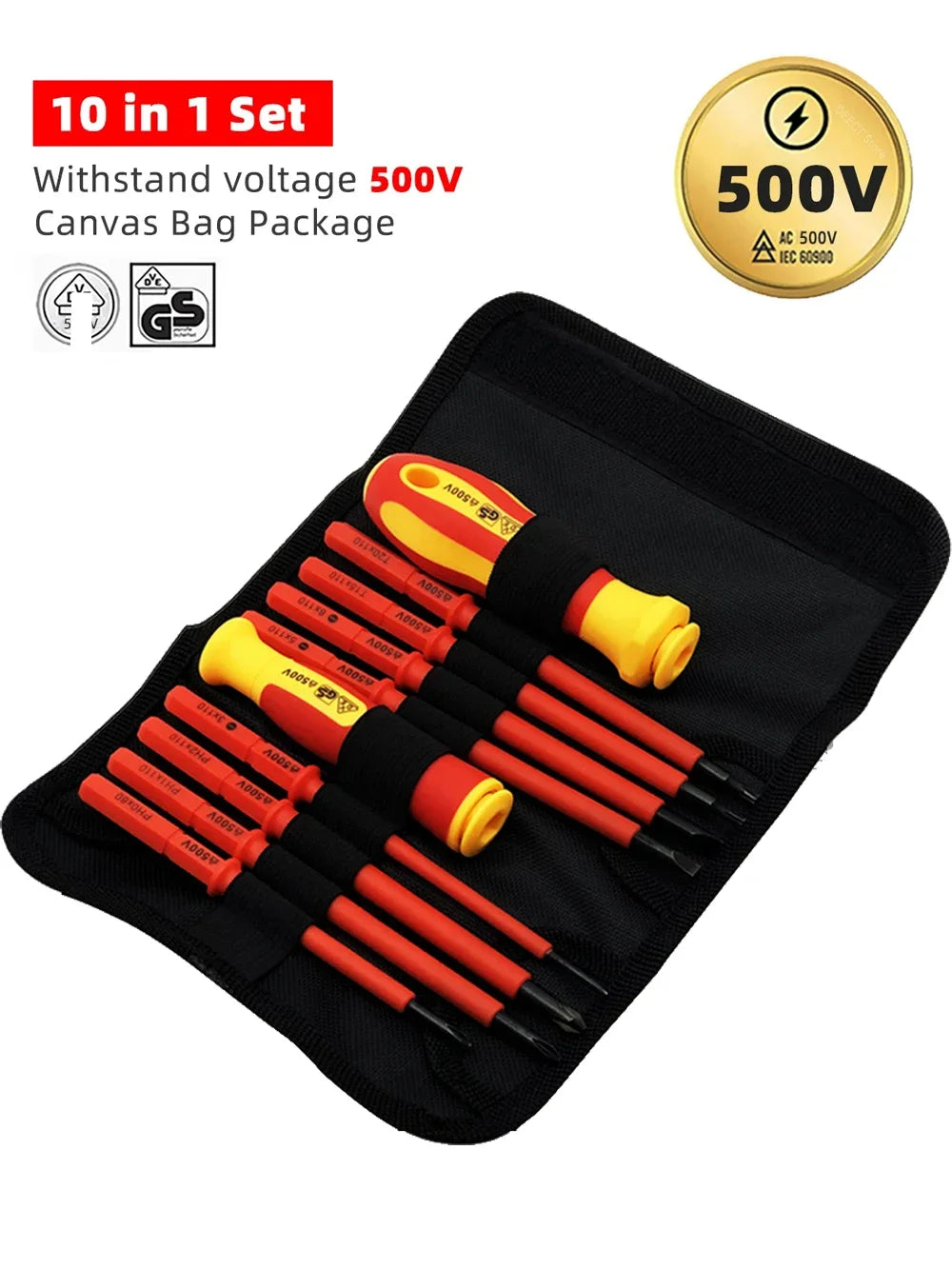 Juego de 10 Destornilladores Aislados VDE 500V, con Puntas Magnéticas Intercambiables y Estuche, para Electricistas Profesionales y Domésticos