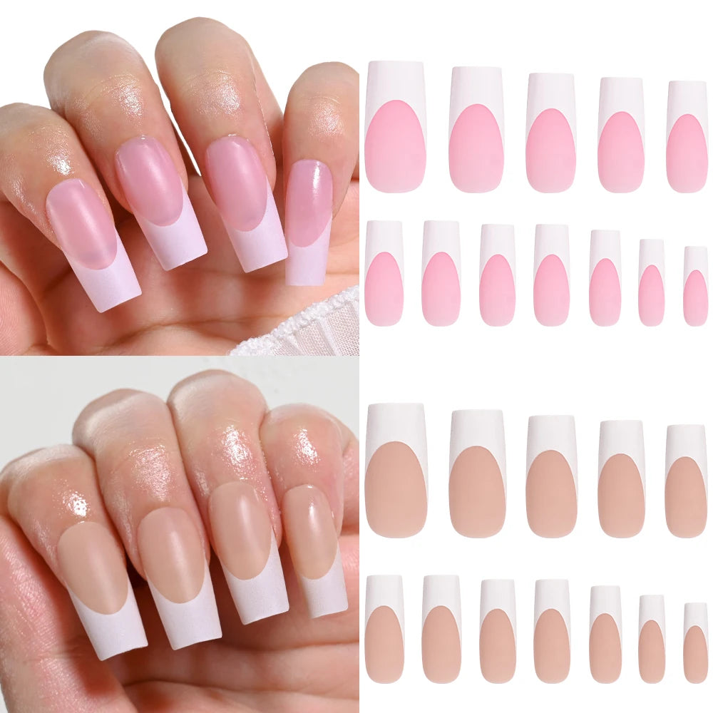 120 Uñas Acrílicas Francesas Cuadradas Medianas y Largas, Uñas Postizas Francesas de Cobertura Completa para Mujer, Uñas Postizas de Diferentes Tamaños