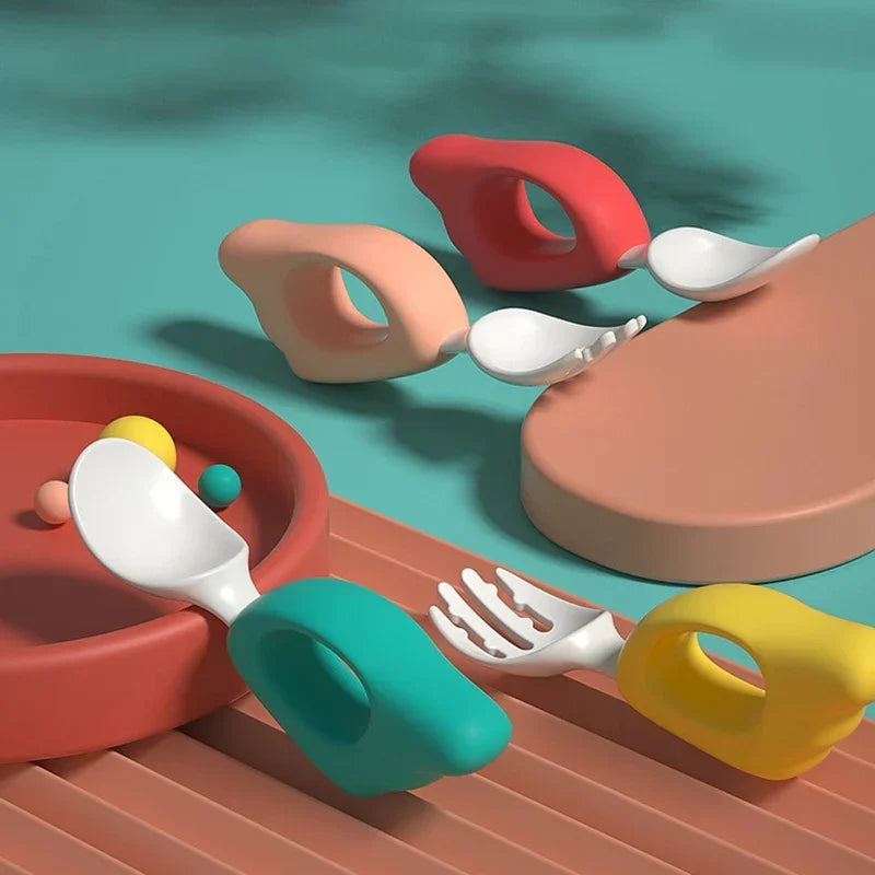 Cuchara, tenedor para bebé, aprender a comer, entrenar, 1-2 años, comer, juego de palillos para bebé, tenedor de comida complementaria, vajilla de plástico