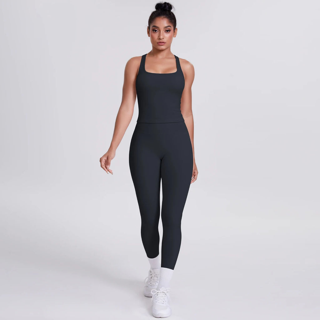 Hamidou - Conjunto de yoga de 2 piezas para mujer: leggings de fitness de secado rápido con efecto push-up y top deportivo con espalda en I de color liso.