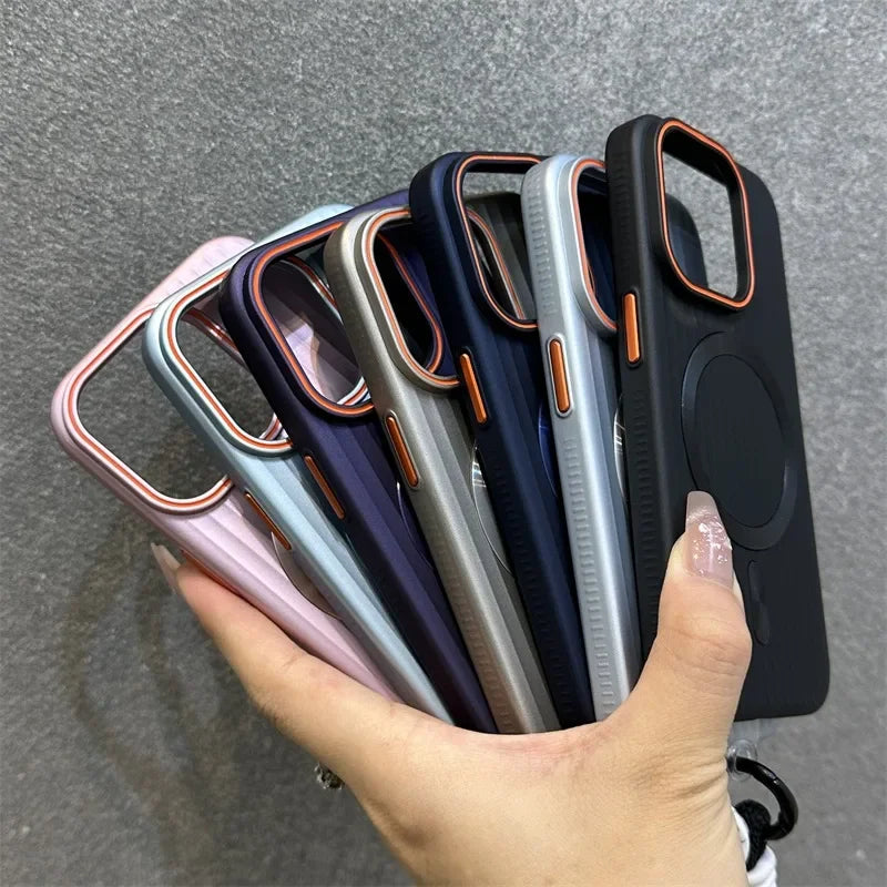 Funda Magnética Delgada Mate con Rayas para iPhone 16 15 ProMax 14 13 12 Pro Max 16 Plus, Antigolpes, Compatible con Magsafe, con Cordón