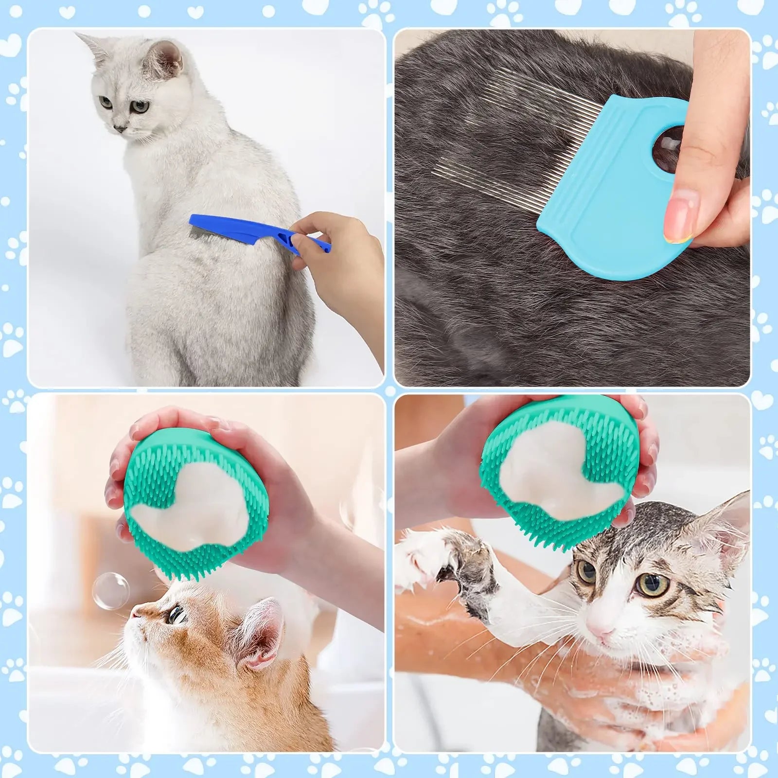 Kits de cuidado de cepillos para gatos, peine para pulgas, cepillo de baño para champú para mascotas, cepillo para quitar mascotas, cepillo de dientes de silicona, 8 Uds.