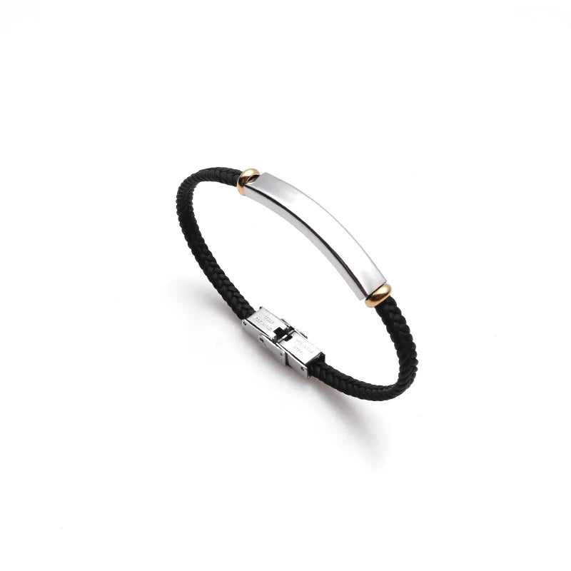Pulsera Punk fina de cuero con nombre personalizado para hombre, pulseras personalizadas de acero inoxidable para mujer y hombre, pulsera de identificación