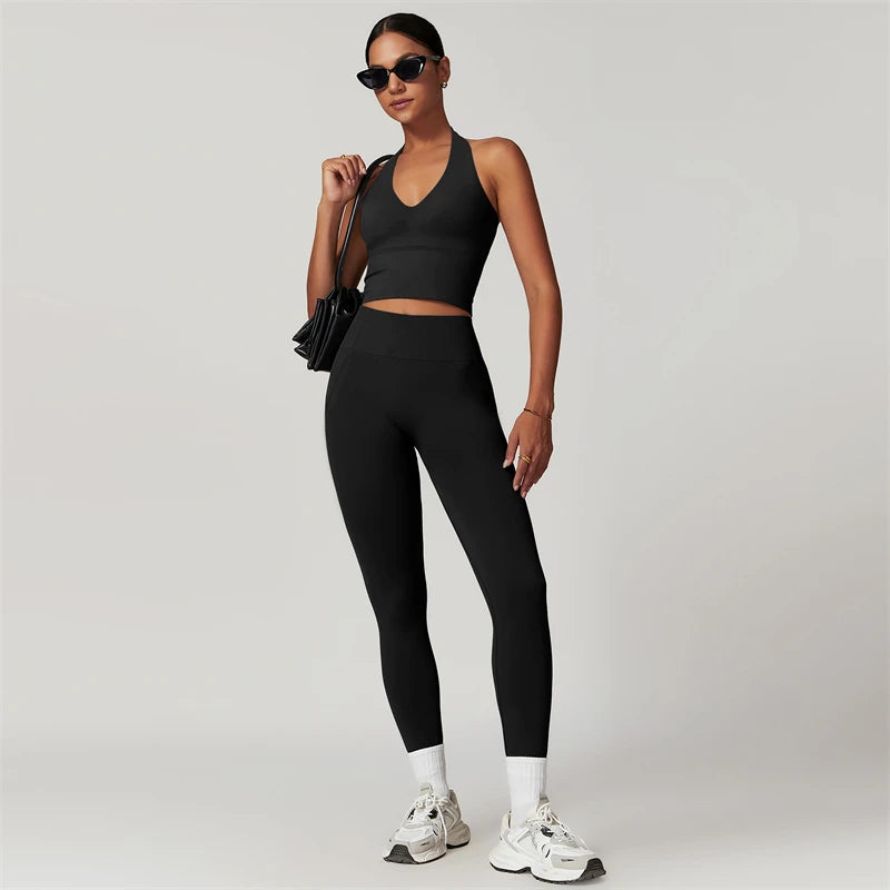 Conjunto de Yoga de 2 piezas para mujer, ropa deportiva de entrenamiento, ropa de gimnasio, Top corto de manga corta, mallas de cintura alta, trajes deportivos