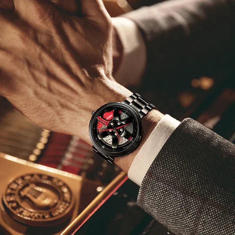 Reloj de pulsera de cuarzo para hombre, de acero inoxidable, a la moda, con esfera deportiva, llanta de coche, cubo de rueda, relojes de pulsera de lujo para negocios