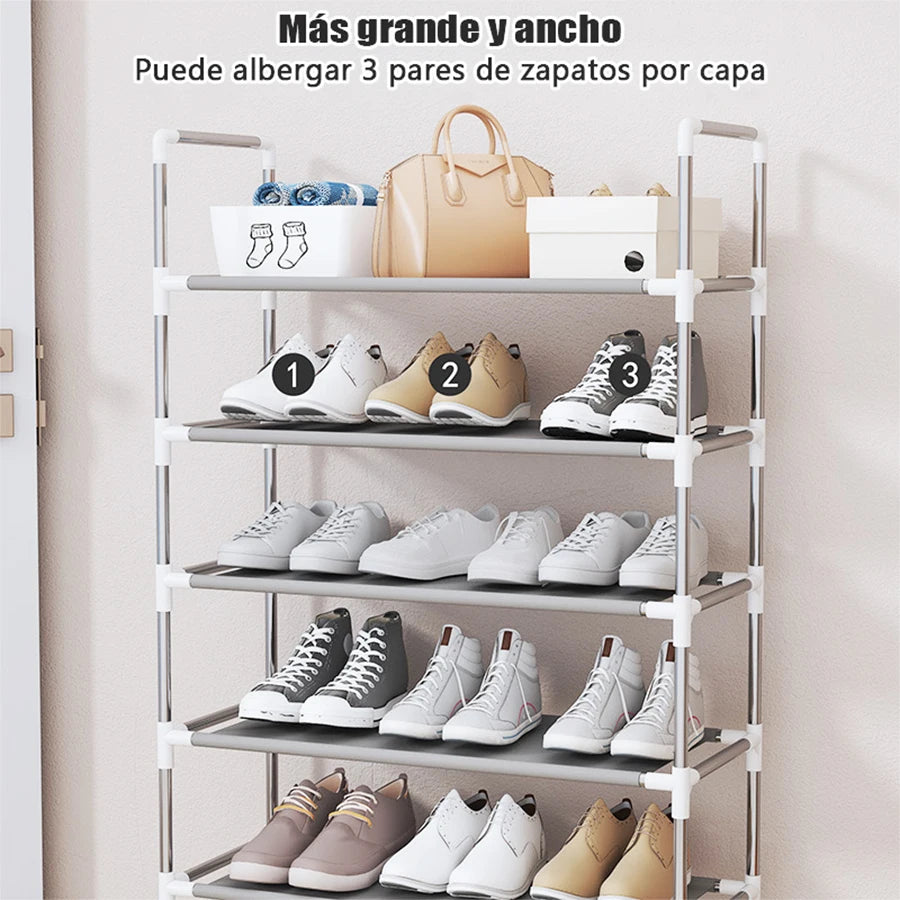 Este zapatero metálico multifuncional de 9 niveles es un organizador compacto para la entrada y una solución sencilla para guardar zapatos en casa, ideal para entradas, dormitorios y pasillos. Es fácil de montar