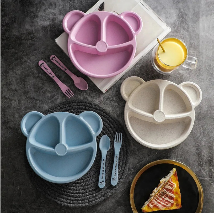 3 unids/set vajilla de alimentación de comida para bebé tazón de oso de dibujos animados + cuchara + tenedor vajilla para comer platos para niños plato de comedor para niños