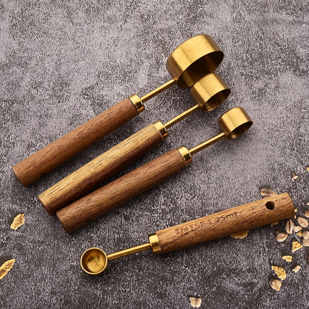Mango de madera dorado, tazas medidoras de acero inoxidable, cucharas, herramientas para hornear, juego de cucharas medidoras de café, accesorios de báscula para barman