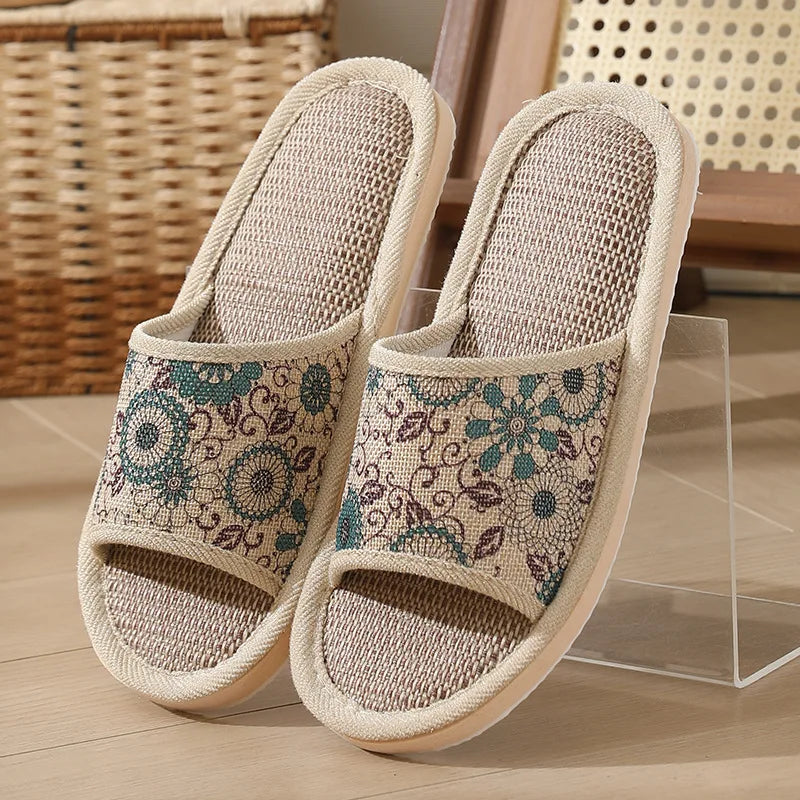 Otoño Invierno zapatillas de suelo para mujer Retro de lino con punta abierta EVA sandalias casuales de fondo grueso zapatillas de interior para parejas zapatos