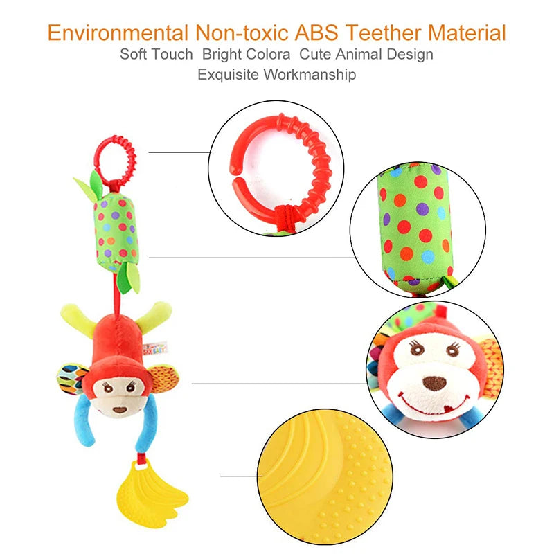 Sonajeros colgantes sensoriales para bebé, juguete de aprendizaje suave, cochecito de animales de peluche, cama de coche infantil, cuna con mordedor para bebés y niños pequeños