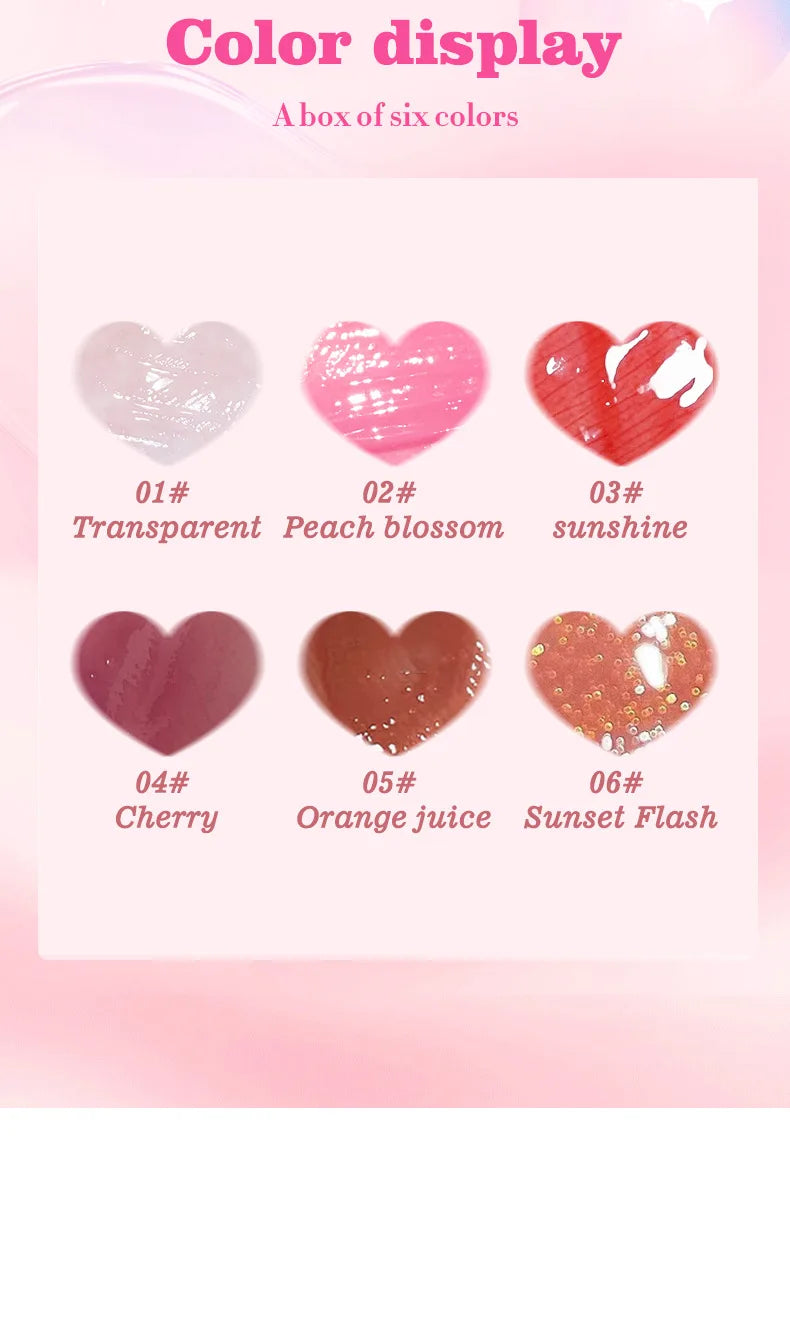 Juego de 6 piezas de brillo de labios con espejo de cristal, bálsamo labial ligero hidratante, brillo brillante, tinte transparente, melocotón, cereza, rosa
