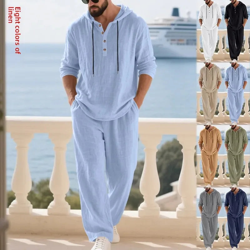 Conjunto informal holgado de lino para hombre, camisa Henry de manga larga y pantalones largos, conjunto cómodo y transpirable a la moda para otoño 2025
