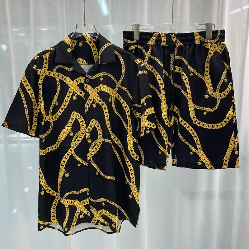 Conjuntos de camisa hawaiana Social de lujo para hombre, Top de manga corta con solapa a la moda, pantalones cortos, traje de 2 piezas, traje informal holgado para hombre