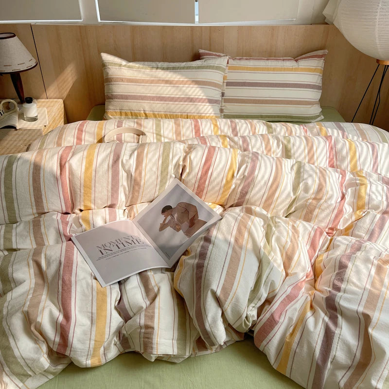 Juego de cama suave de algodón 100%, funda nórdica con estampado de rayas y funda de almohada, ropa de cama, colcha, fundas de almohada, juegos de edredón
