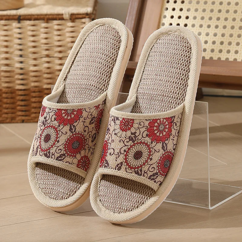 Otoño Invierno zapatillas de suelo para mujer Retro de lino con punta abierta EVA sandalias casuales de fondo grueso zapatillas de interior para parejas zapatos