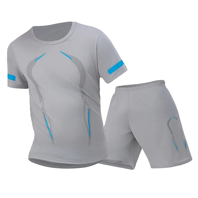 Conjunto de manga corta para hombre de las cuatro estaciones, camiseta estampada de secado rápido para deportes juveniles, Fitness, correr, cómodo e informal, 2 piezas