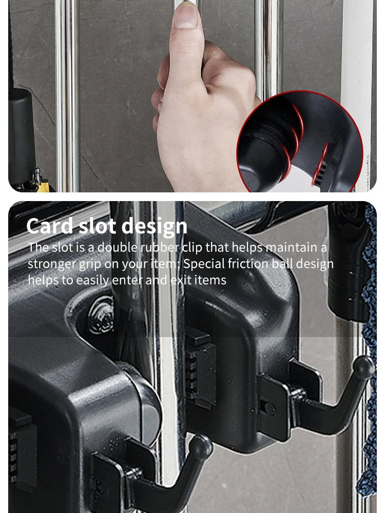 Soporte para fregona montado en la pared, colgador multifuncional de 3/4/5 posiciones, estante de almacenamiento de plástico mágico negro para cocina y hogar