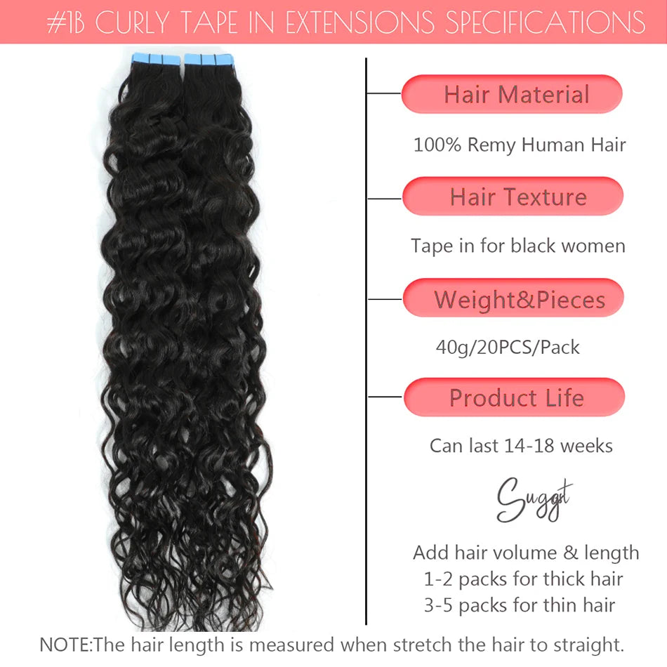 Cinta de onda de agua en extensión de cabello humano, cinta de trama de piel de cabello brasileño en cabello humano rizado, Color negro, marrón y Rubio, 20 piezas por juego
