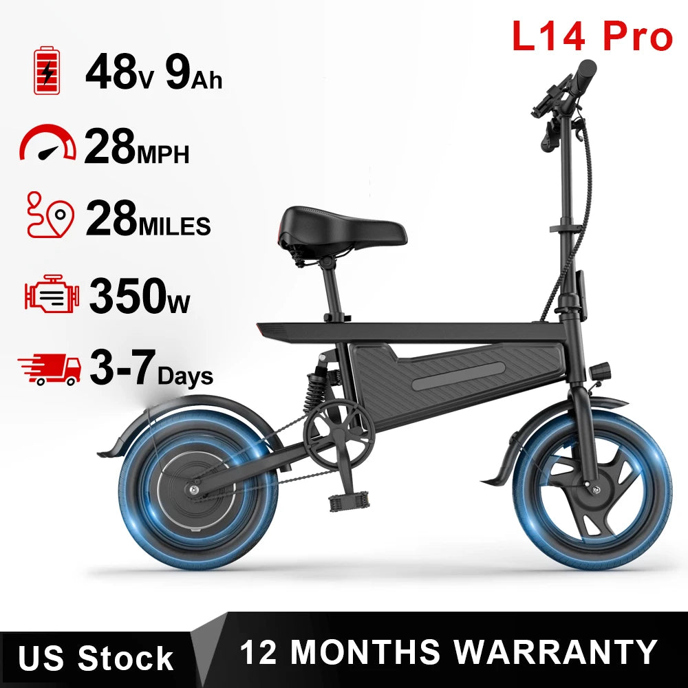 Bicicleta eléctrica plegable de 14 pulgadas, Motor sin escobillas de 350W, batería de 48V y 9Ah, velocidad máxima de 22MPH, 28 millas de largo alcance para adultos