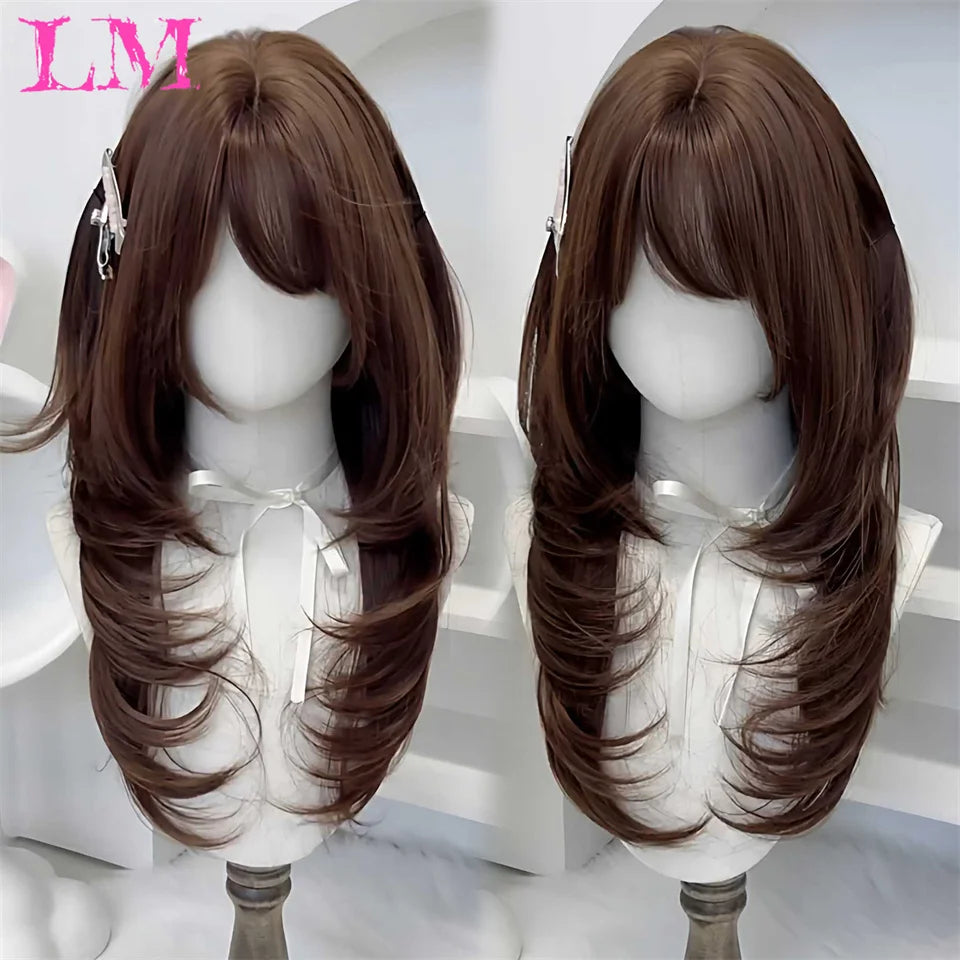 LM Rubio sintético Ombre mezclado rosa Rubio largo ondulado pelucas con flequillo Cosplay fiesta uso fibra resistente al calor para mujeres