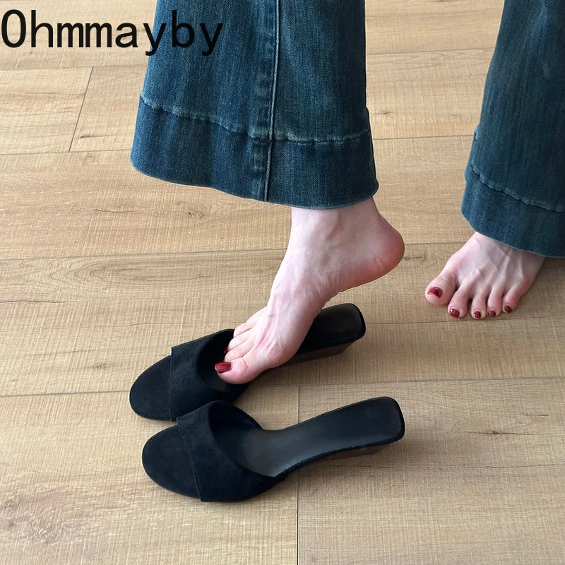 Sandalias de Verano para Mujer, Punta Abierta, Gamuza, Elegantes, Color Sólido, Tacón de Cuña, Zapatos de Vestir, Cómodas, para Playa y Exteriores