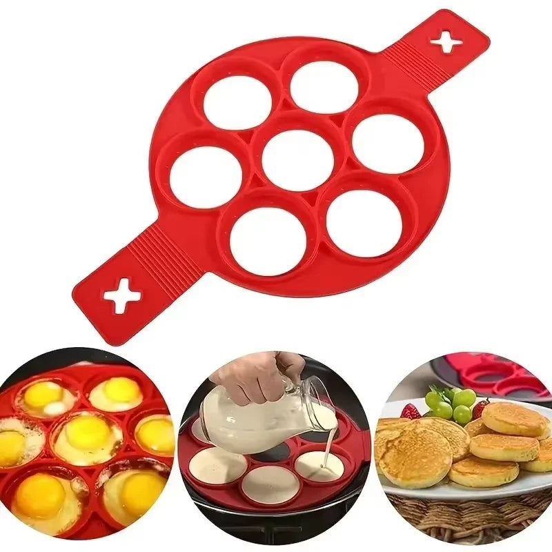Molde de silicona antiadherente de 7 cavidades para hornear, con mango apto para alimentos, para huevos fritos, tortitas y tortillas, herramienta de cocina para el hogar.