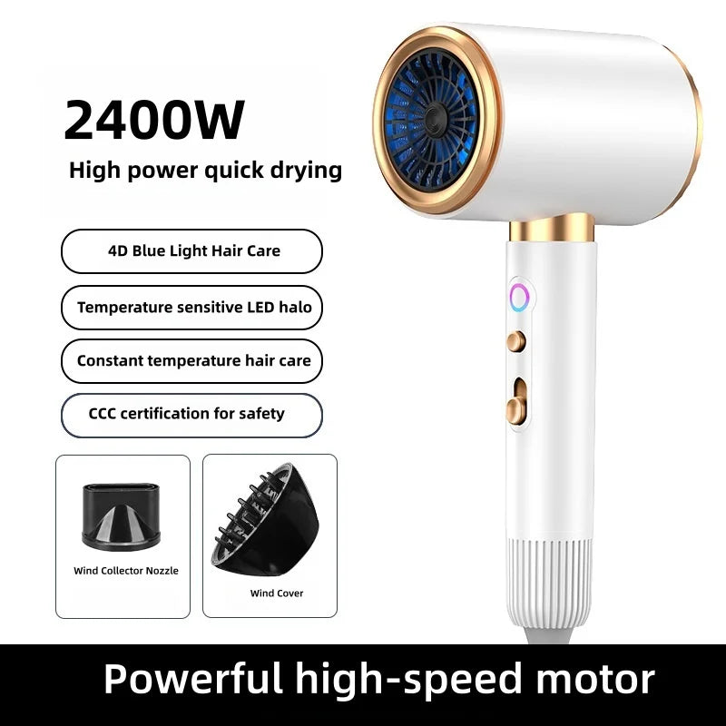Secador de Pelo de Alta Velocidad 2026, 2400W de Alta Potencia, Iones Negativos Azules, Ultra Silencioso, para Salón de Belleza y Hogar, Enchufe US/EU/UK/AU