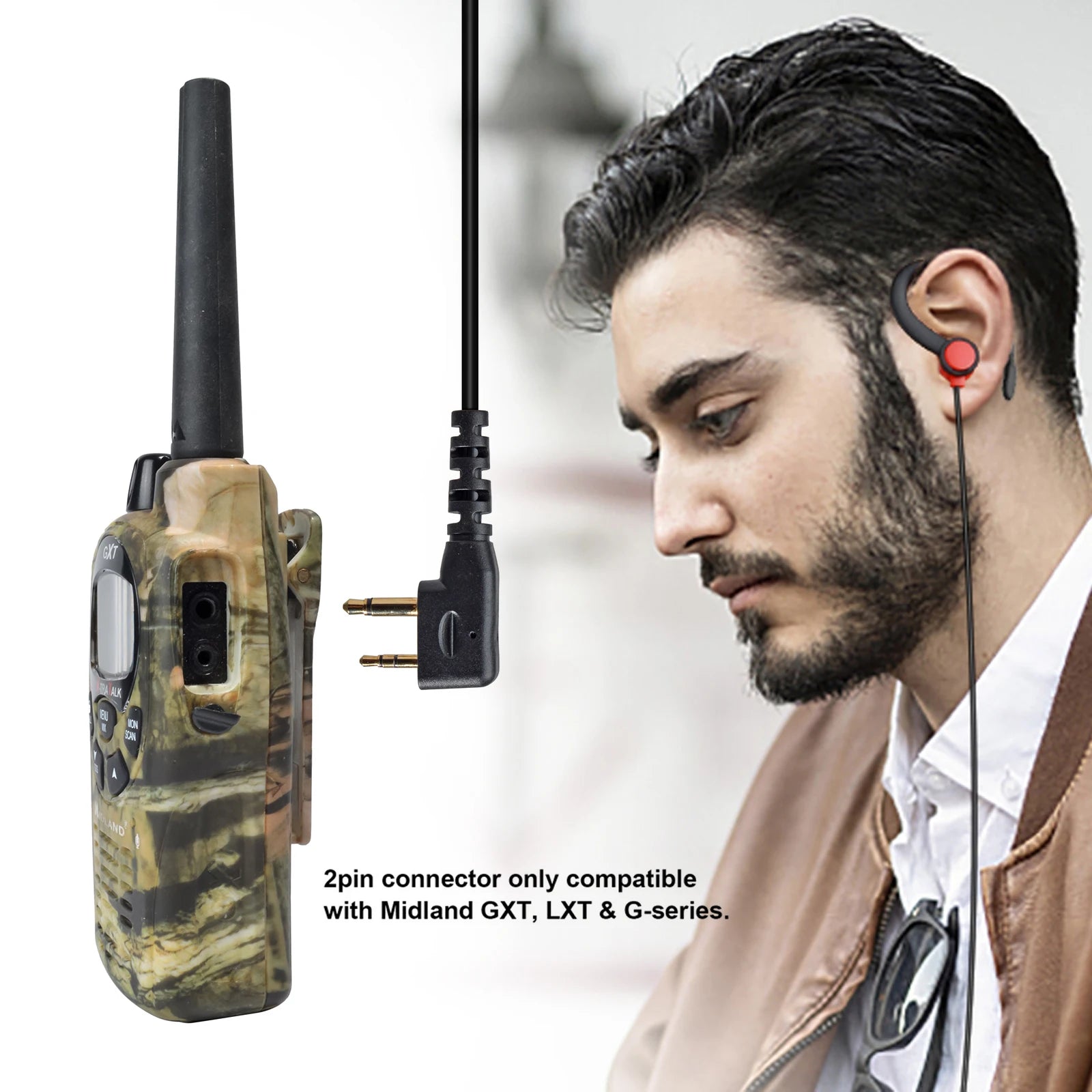Auricular suave en forma de G para walkie talkie, auriculares de 2 pines con micrófono compatibles con Midland LXT118 GXT1000VP4 LXT500VP3 LXT600VP3