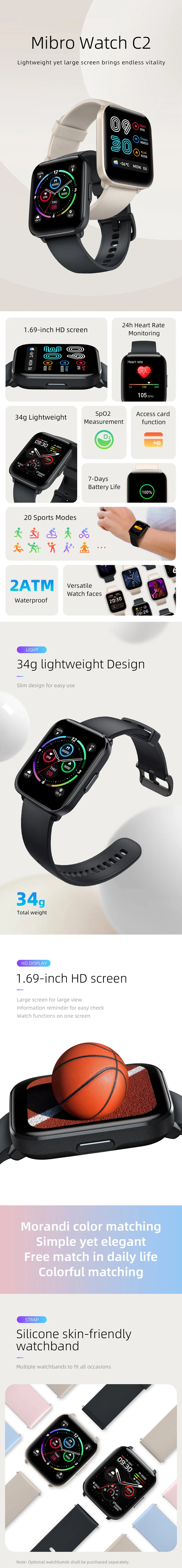 Mibro C2 Smartwatch versión Global pantalla HD de 1,69 pulgadas Monitor de ritmo cardíaco deportivo impermeable hombres mujeres reloj inteligente