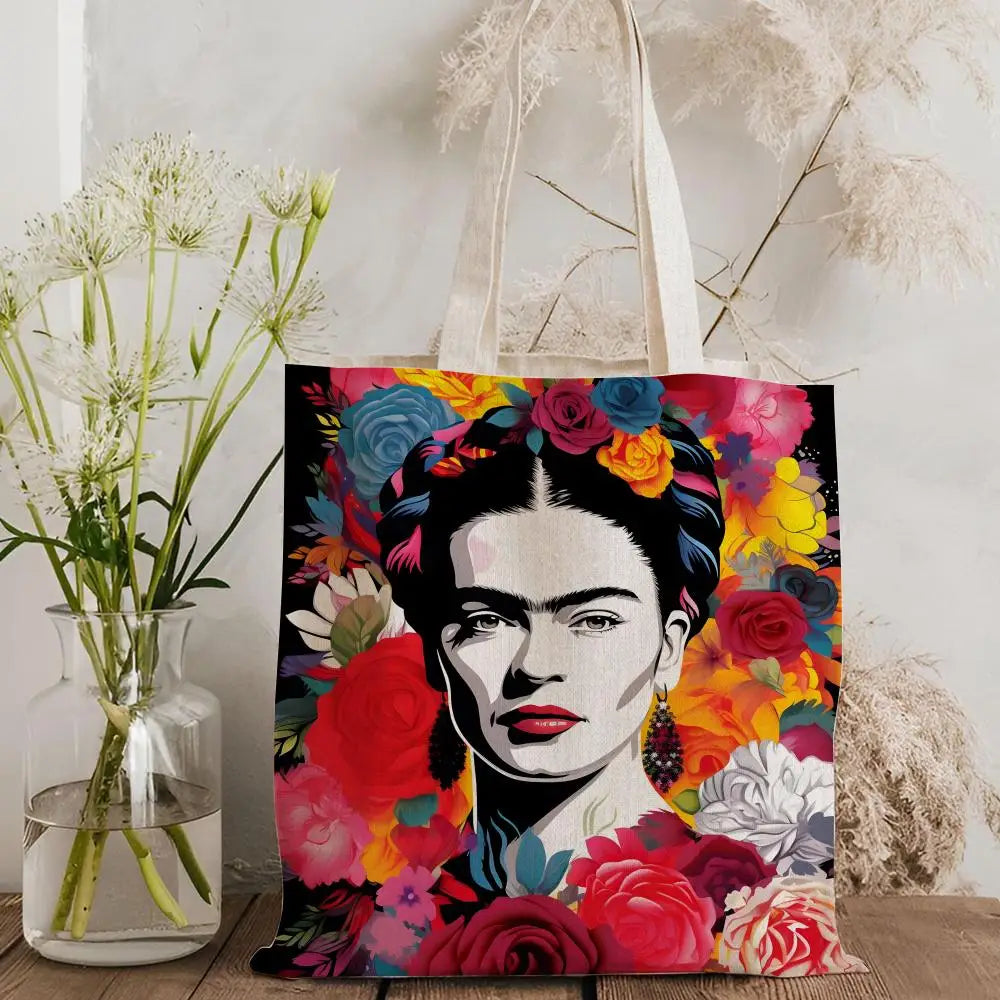 Bolsos de Almacenamiento Art F-Frida Kahlo, Bolso Tote de Lona con Estampado a Doble Cara, Bolso de Hombro de Gran Capacidad para Mujer