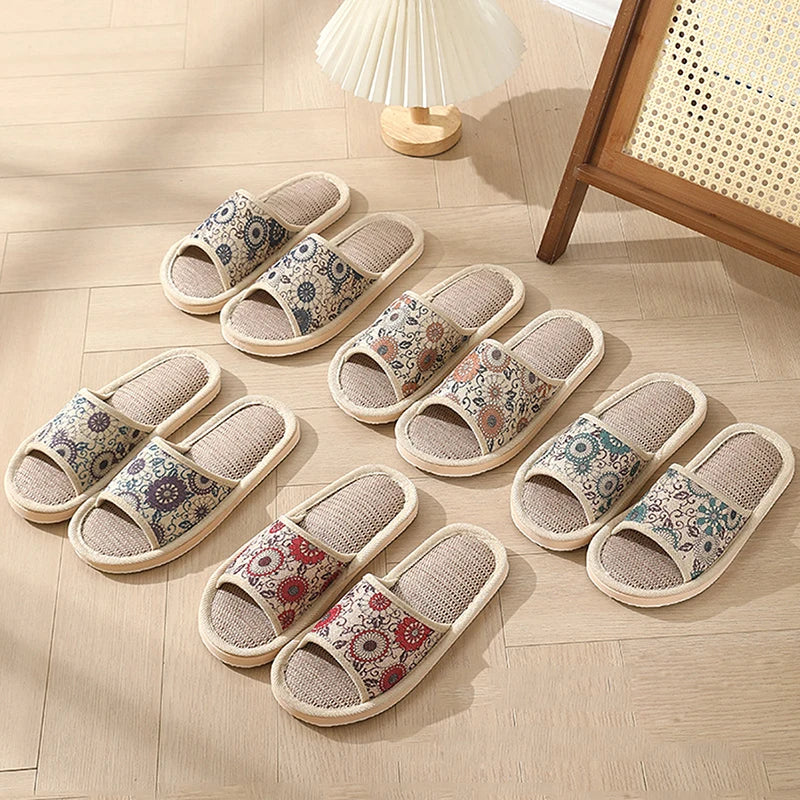 Otoño Invierno zapatillas de suelo para mujer Retro de lino con punta abierta EVA sandalias casuales de fondo grueso zapatillas de interior para parejas zapatos
