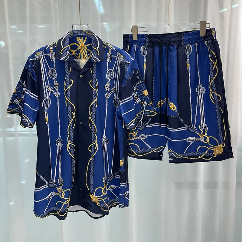 Conjuntos de camisa hawaiana Social de lujo para hombre, Top de manga corta con solapa a la moda, pantalones cortos, traje de 2 piezas, traje informal holgado para hombre