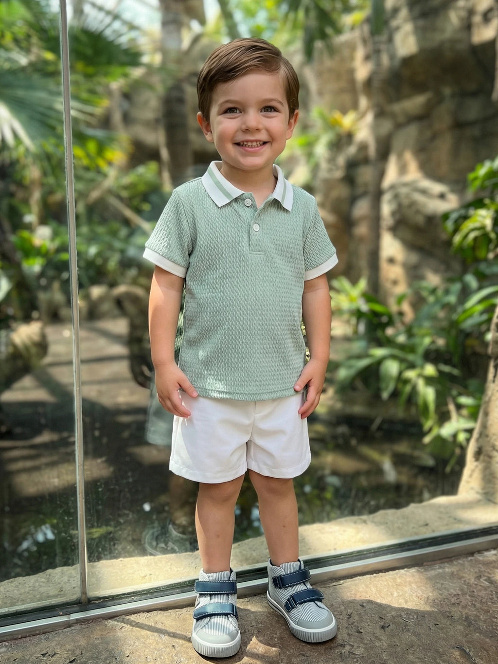 Conjunto de pantalones cortos para bebé niño, camisa de punto con cuello y manga corta y pantalones cortos, conjunto de verano de 2 piezas