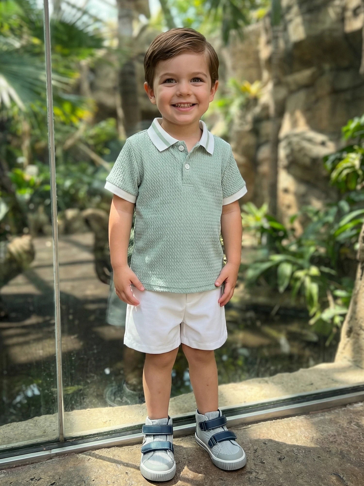 Conjunto de pantalones cortos para bebé niño, camisa de punto con cuello y manga corta y pantalones cortos, conjunto de verano de 2 piezas