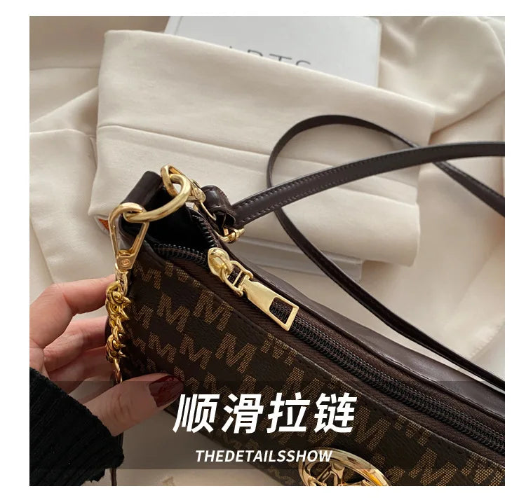 Bolso retro francés para axila, bolso de un hombro con estampado de letras y cadena cuadrada cruzada diagonal para mujer