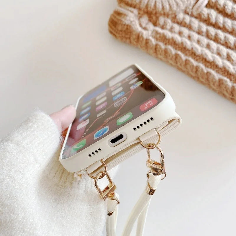 Funda con correa tipo billetera para iPhone 16 15 16Pro Max 11 12 13 14 Plus X XR XS Max ranuras para tarjetas cordón cruzado funda de silicona de cuero PU