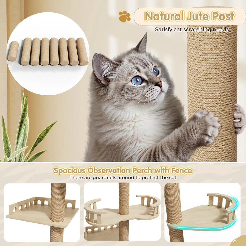 Torre para gatos grande de madera maciza con plataforma de salto multinivel, rascador, juguete y mueble para gatos.