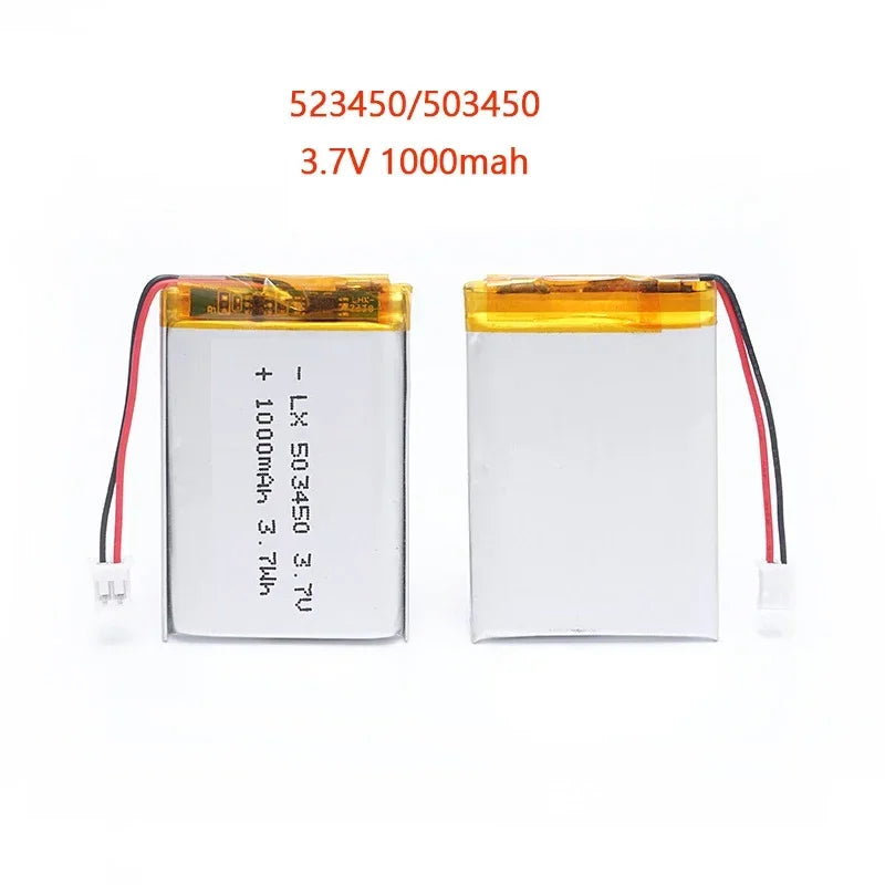 Batería Recargable de Litio Polímero de 1000 mAh y 3.7 V, Batería de Iones de Litio 523450/503450, PH2.0 de 2 Pines para GPS, Teléfono Inteligente, DVD, MP5