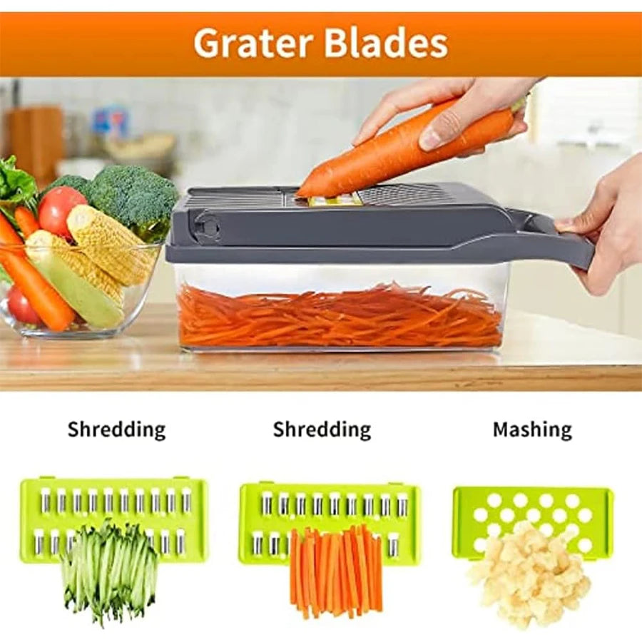 Picadora de verduras multifuncional 14 en 1, picadora de cebolla con mango, rejilla para alimentos, picadora de alimentos, cortadora de verduras de cocina