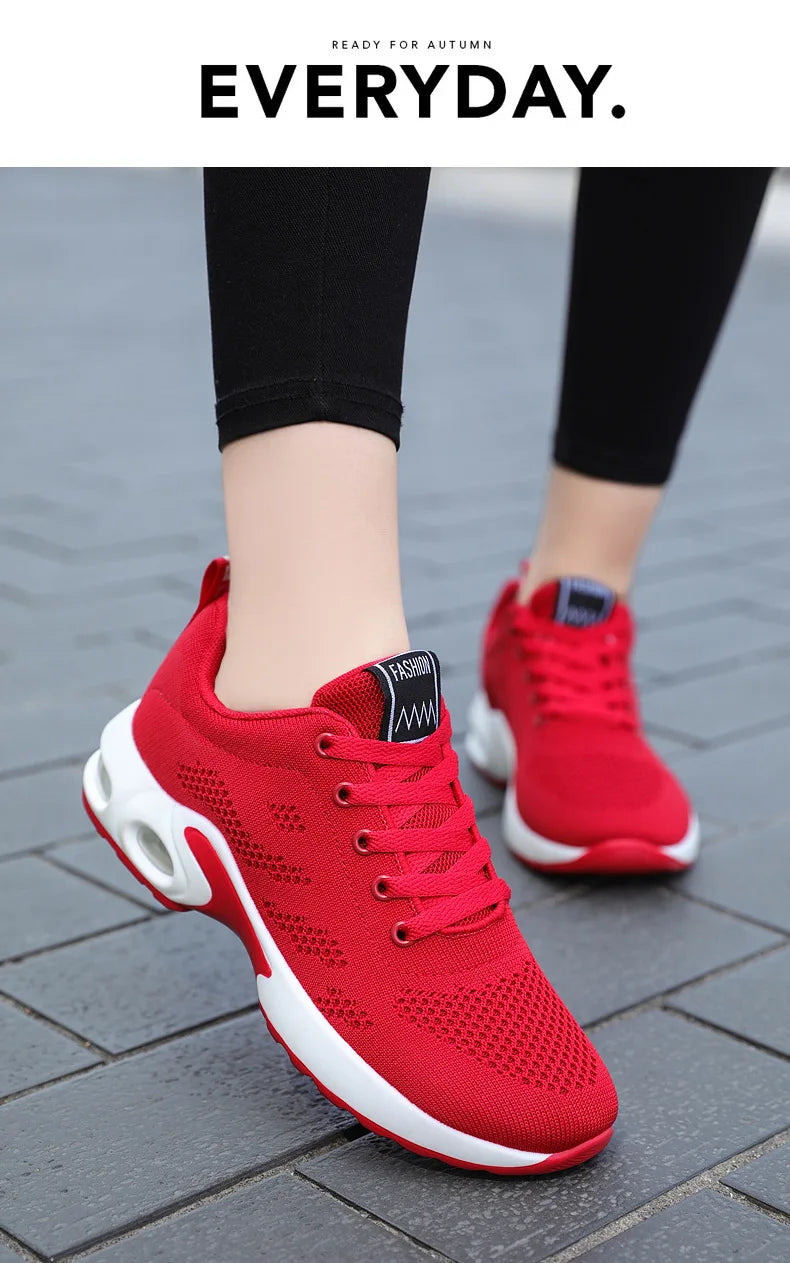 Zapatos deportivos transpirables con amortiguación de aire para mujer, zapatillas informales con cordones cruzados y tacón plano con punta redonda de estilo coreano