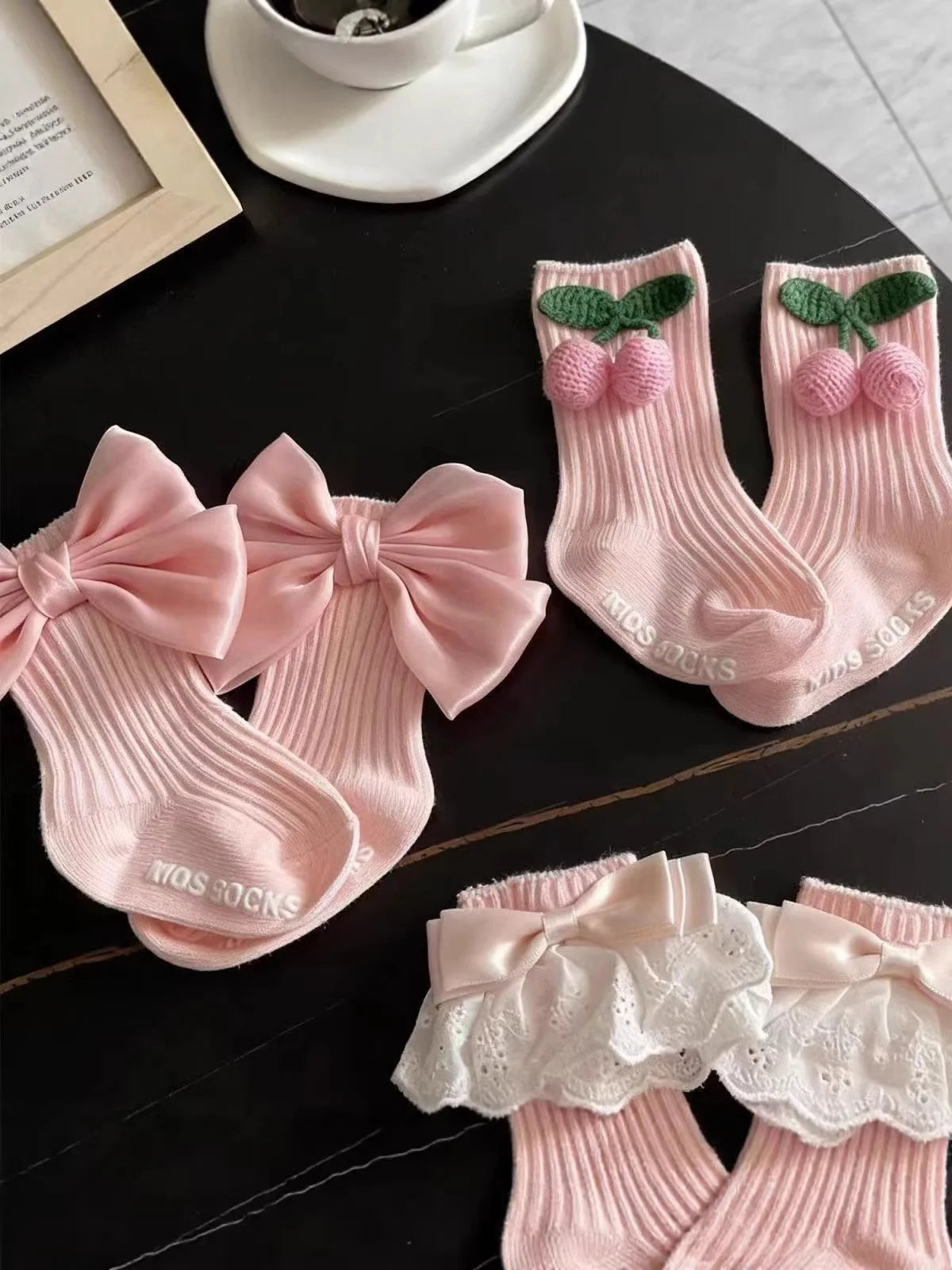 Calcetines rosas para niñas pequeñas, calcetines de algodón con lazo grande y encaje de cereza, calcetines de pantorrilla para niños, calcetines bonitos de princesa para niños de 1 a 5 años