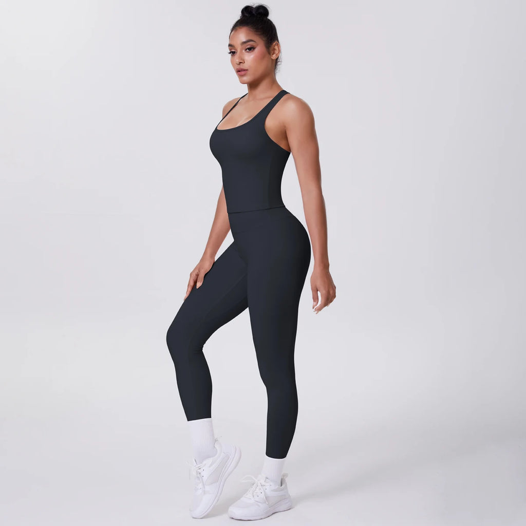 Hamidou - Conjunto de yoga de 2 piezas para mujer: leggings de fitness de secado rápido con efecto push-up y top deportivo con espalda en I de color liso.
