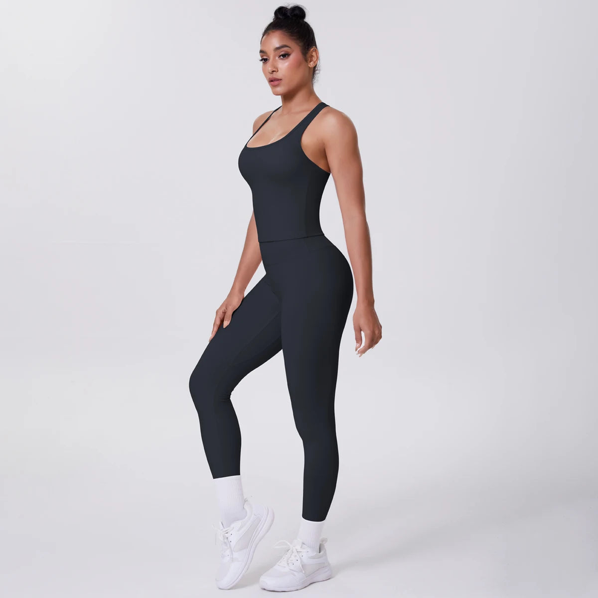 Hamidou - Conjunto de yoga de 2 piezas para mujer: leggings de fitness de secado rápido con efecto push-up y top deportivo con espalda en I de color liso.