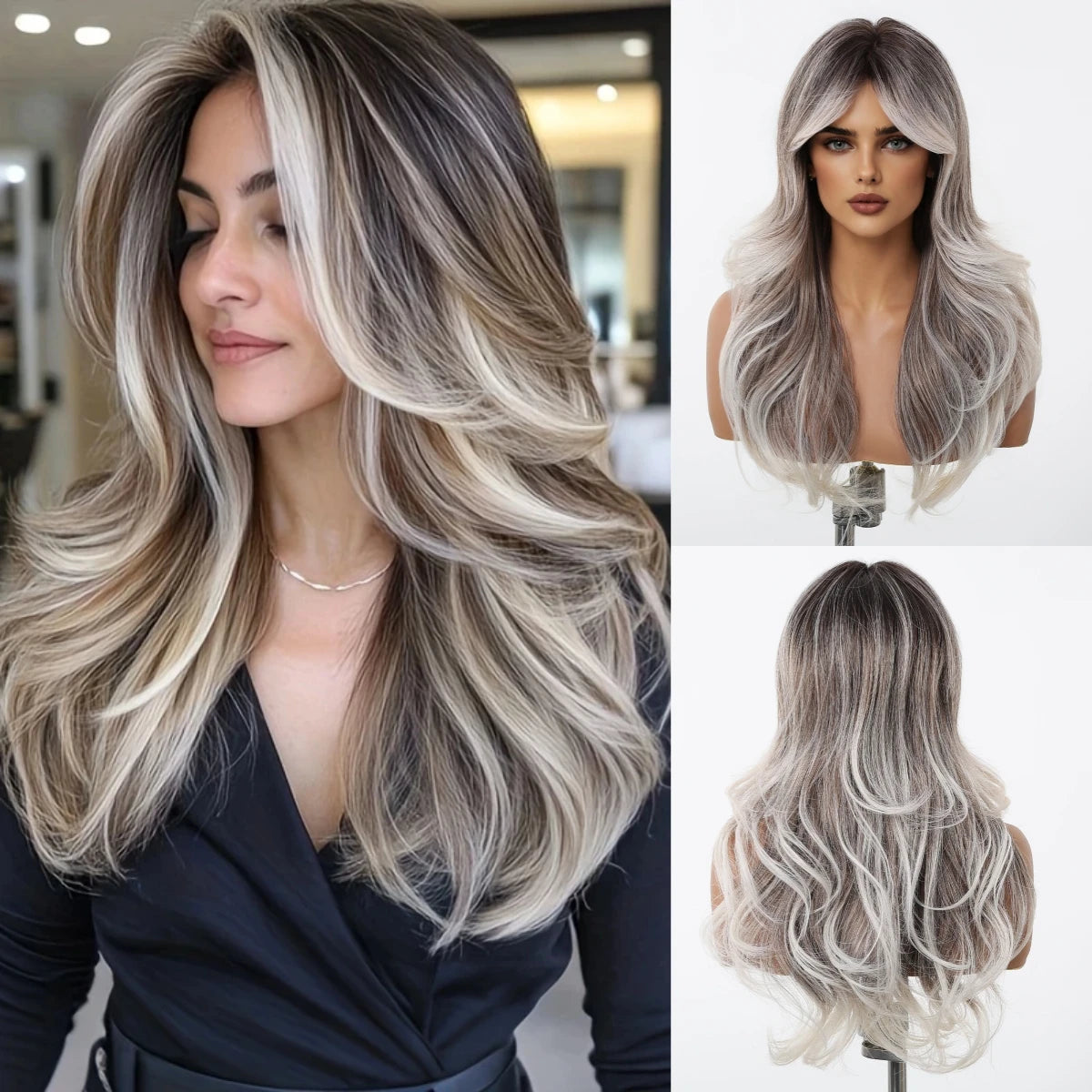 Pelucas Allbell Magique de largo ondulado en capas, pelo marrón miel con flequillo lateral para mujeres, pelucas sintéticas naturales resistentes al calor para uso diario